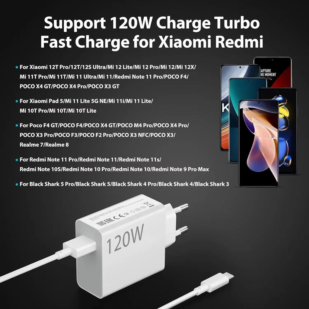 120W Fast USB Charger for Xiaomi 11 12 13 14 Redmi Note 11T 12 12T 13 14 Pro POCO F4 F5 X4 X5 X6 Type C Turbo Charging 6A Cable